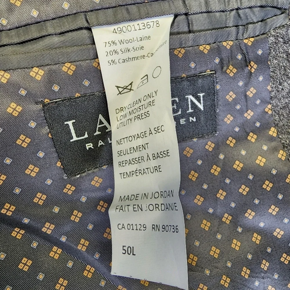 Lauren Ralph Lauren Mens 50L Gray Silk Wool Cashmere Blazer Sport Coat Jacket